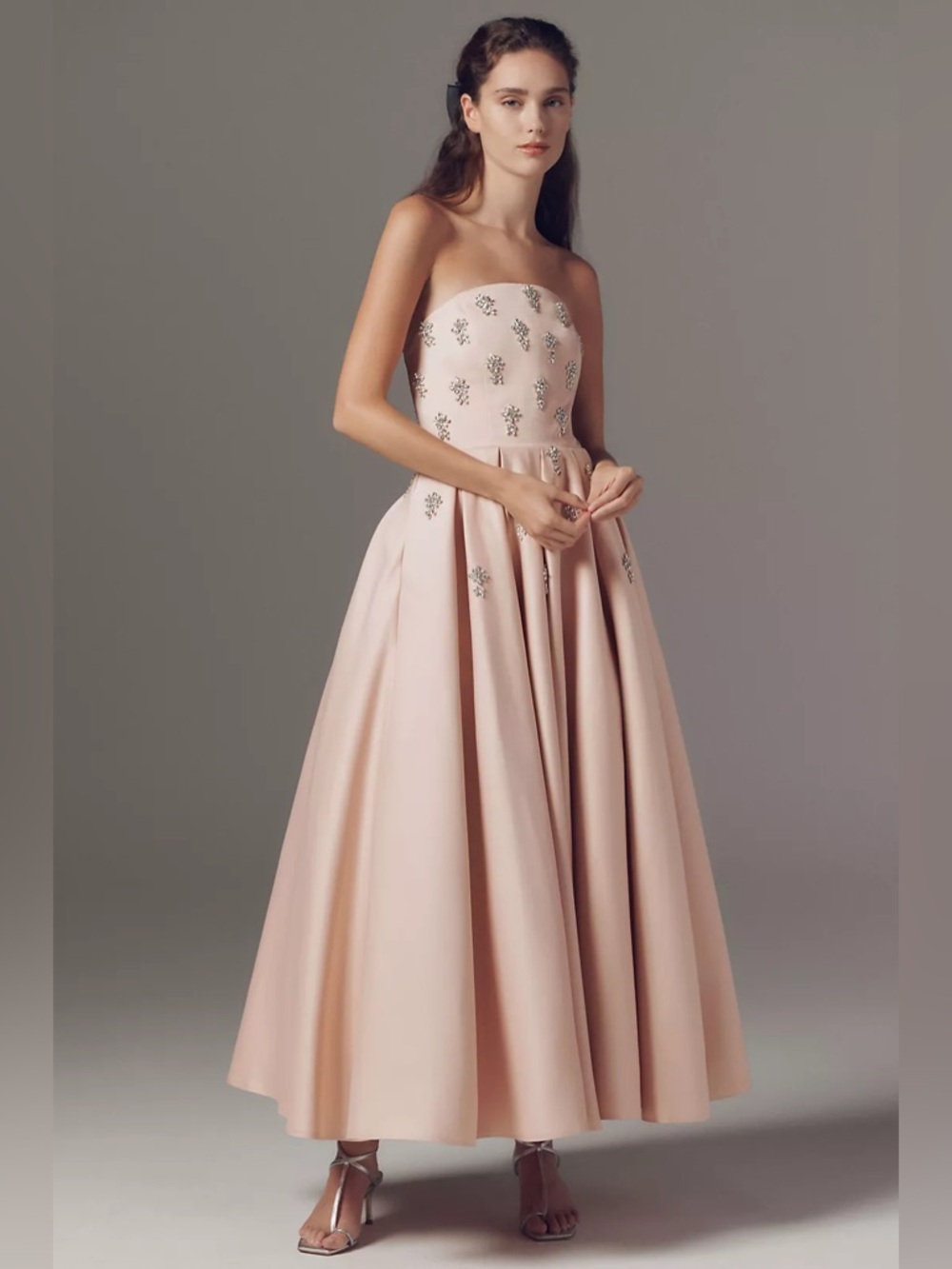 NWT Mac Duggal 56199 Pink Crystal Embellished Strapless Satin A-Line Dress
